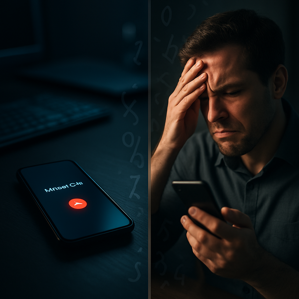 Split-screen image showing a missed call notification on a phone at night and a frustrated customer, symbolizing lost business opportunities.