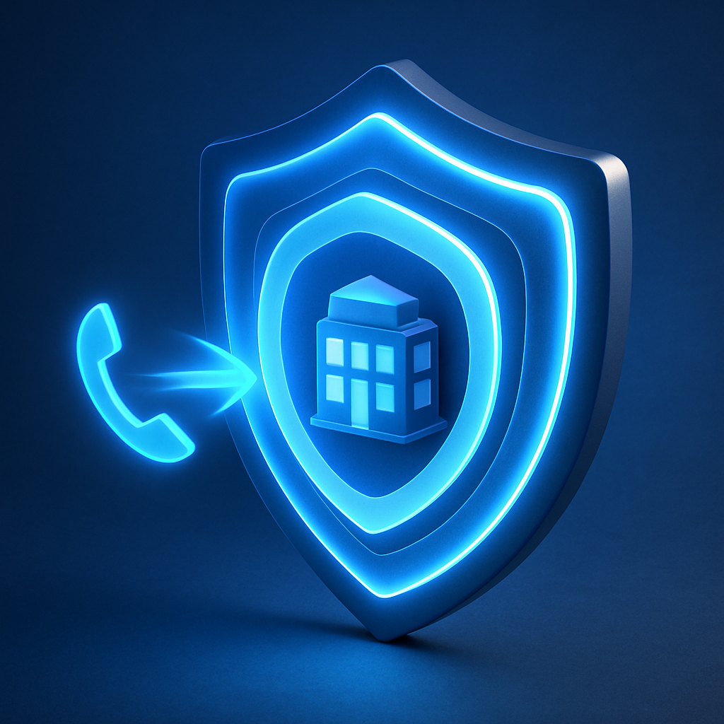 A conceptual shield with three glowing layers protecting a business icon, representing a layered call redundancy system for security and reliability.