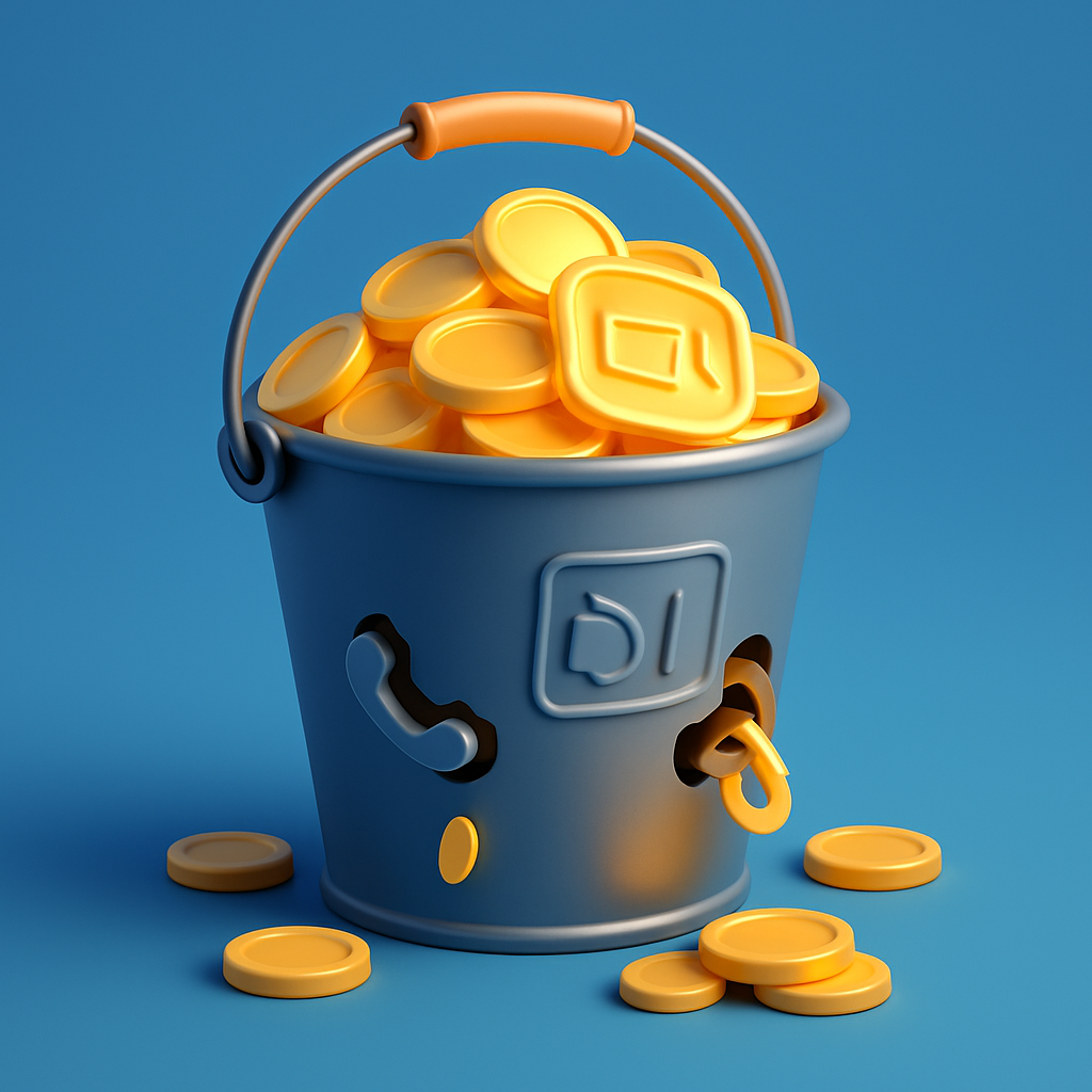 A 3D illustration of a metal bucket, representing a business, with holes leaking gold coins, symbolizing wasted ad spend from unconverted phone calls.
