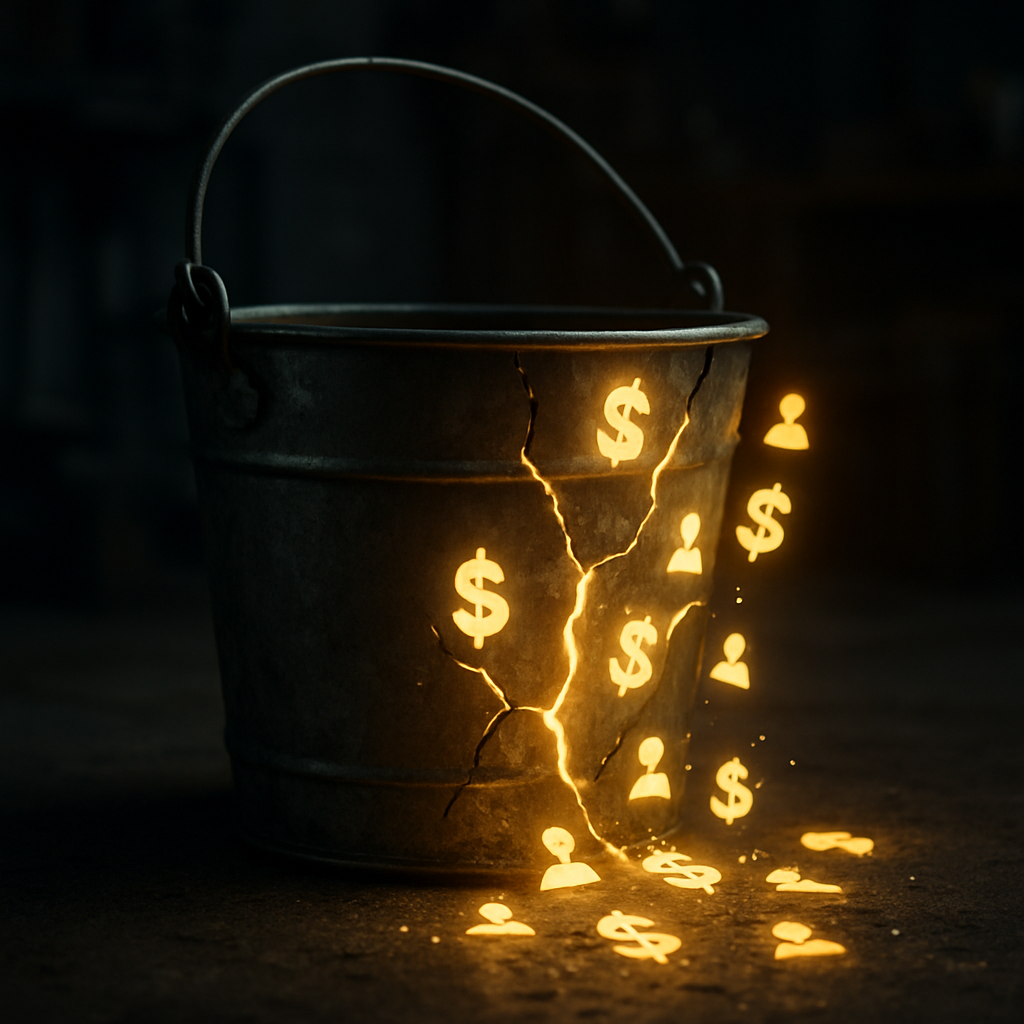 Illustration of a metal bucket leaking golden dollar signs and customer icons, symbolizing lost revenue from missed calls.