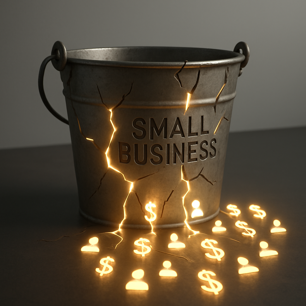 A symbolic 3D render of a metal bucket labeled 'Small Business' with cracks, from which glowing dollar signs and customer icons are leaking, representing lost revenue.