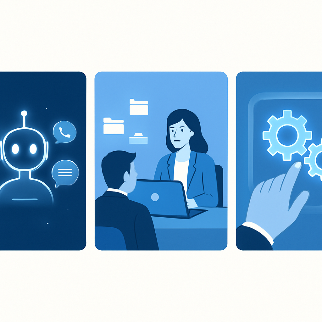 A three-panel image showing an AI bot handling calls, a human virtual assistant organizing files, and hands assembling gears to represent different realtor solutions.