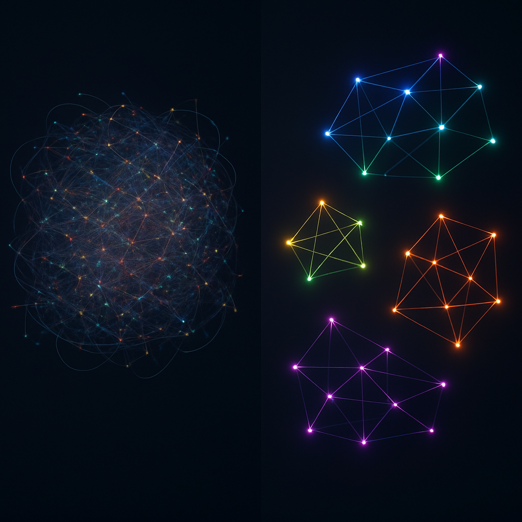 An abstract visualization of AI keyword clustering, showing a chaotic cloud of keywords on the left transforming into an organized, color-coded topical map on the right.