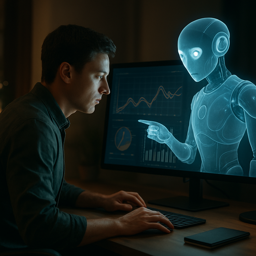 A photorealistic image of an SEO professional working at a desk alongside a helpful AI robot avatar, who is pointing at a data visualization on a screen, symbolizing human-AI collaboration.