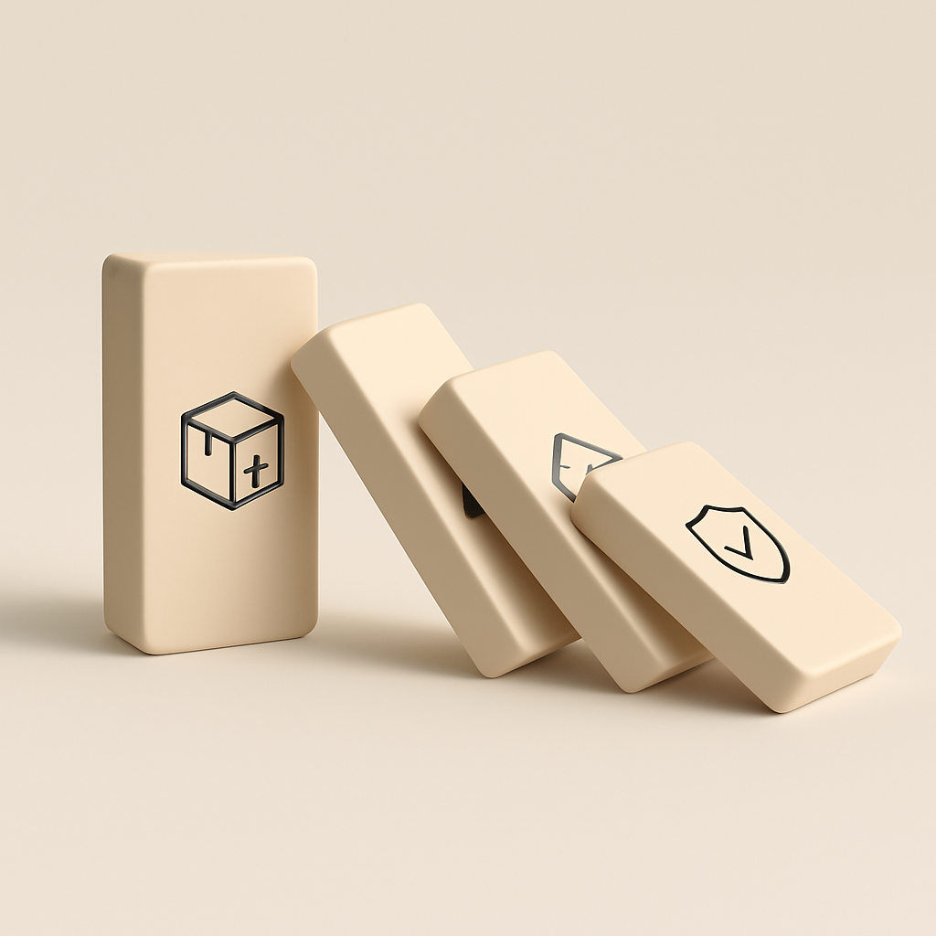 A conceptual 3D render of falling dominoes, symbolizing how a single material delay can trigger a chain reaction affecting crew schedules, other projects, and client trust.