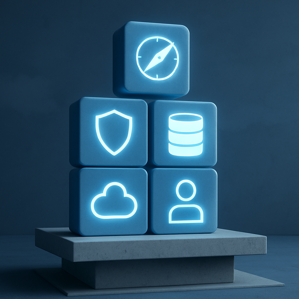 A solid foundation built from six glowing blocks, each representing a pillar of AI readiness: Strategy, Governance, Data, Infrastructure, Talent, and Culture.