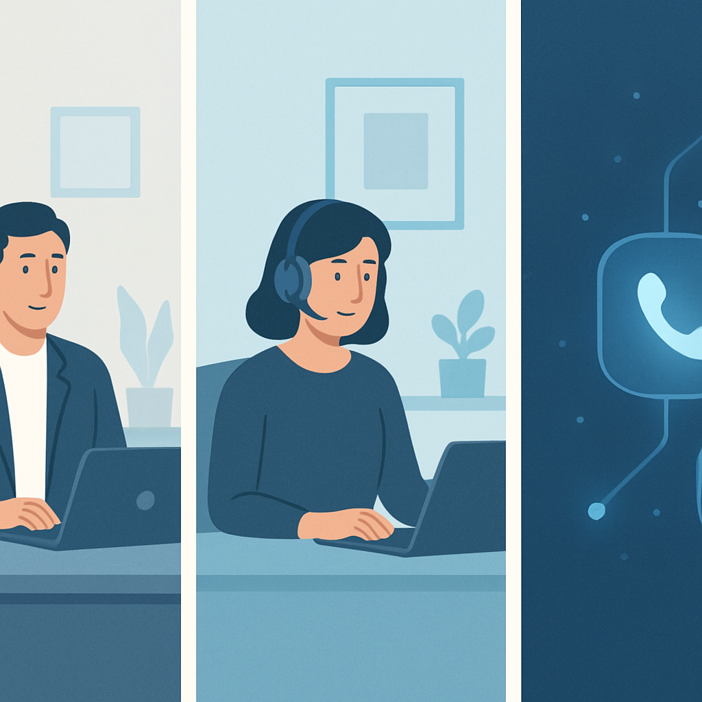 A triptych illustration comparing three receptionist solutions: a person at an office desk for in-house, a remote worker with a headset for virtual, and a digital interface for AI.