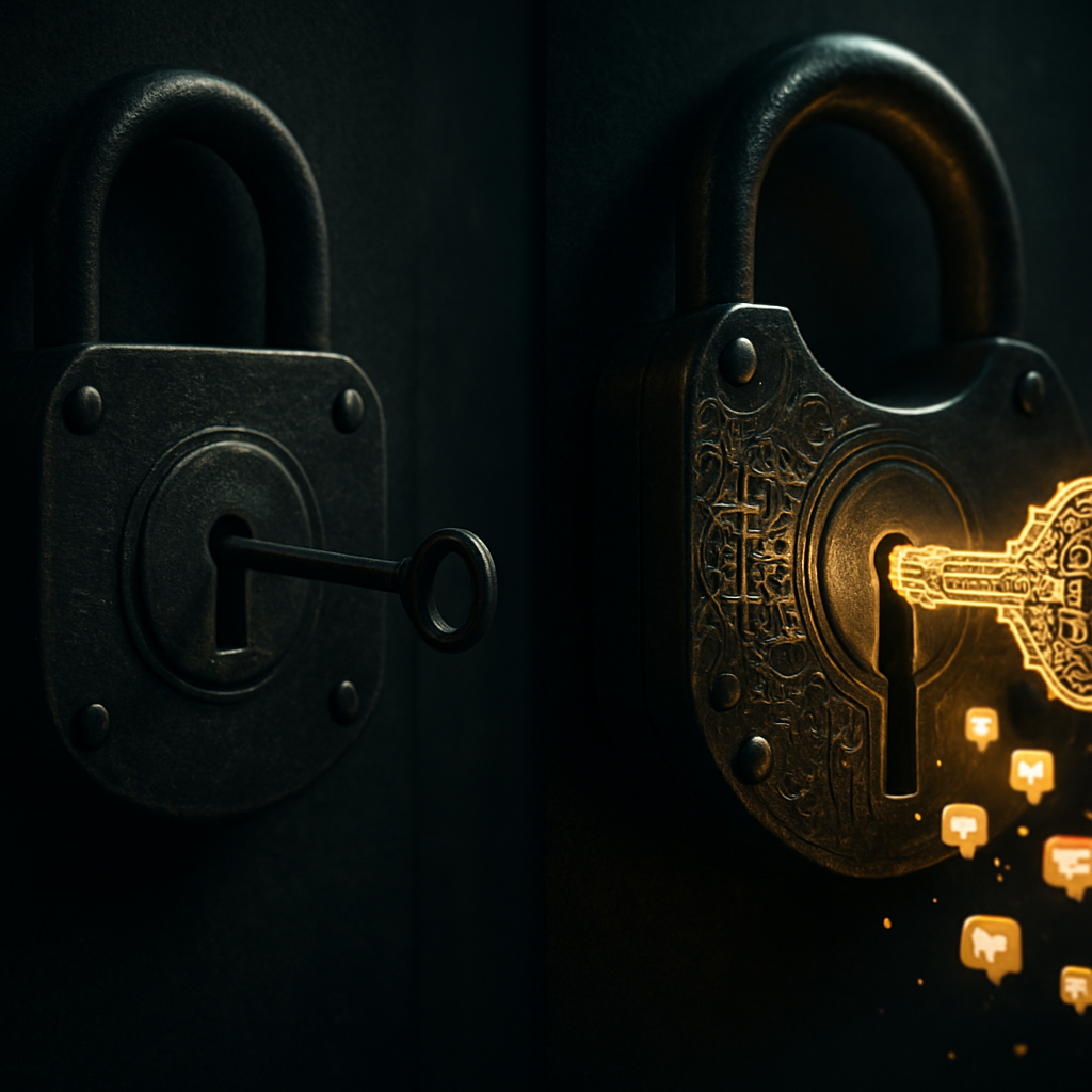A visual metaphor showing a simple key failing to open a complex lock, while an intricate master key (a power prompt) succeeds.
