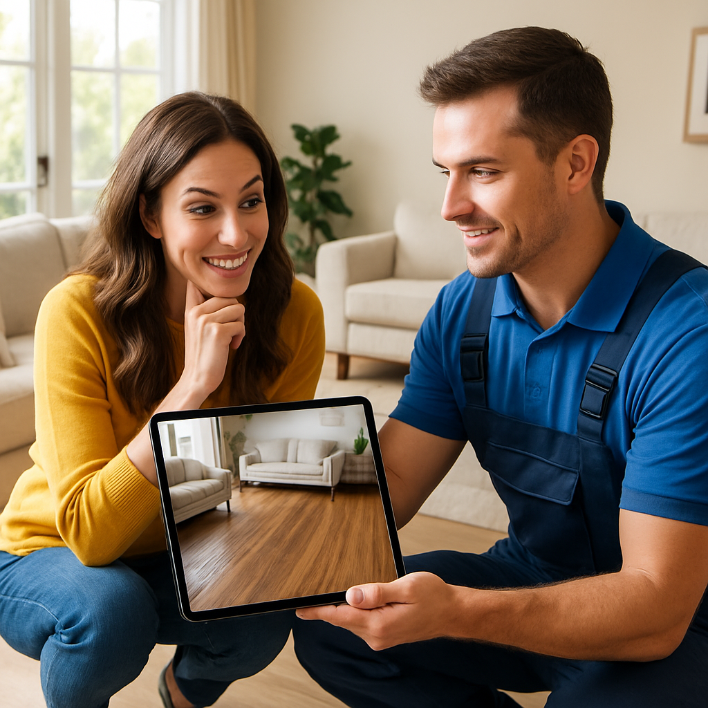 A person holding a tablet that uses augmented reality to show how a new floor will look in a living room.