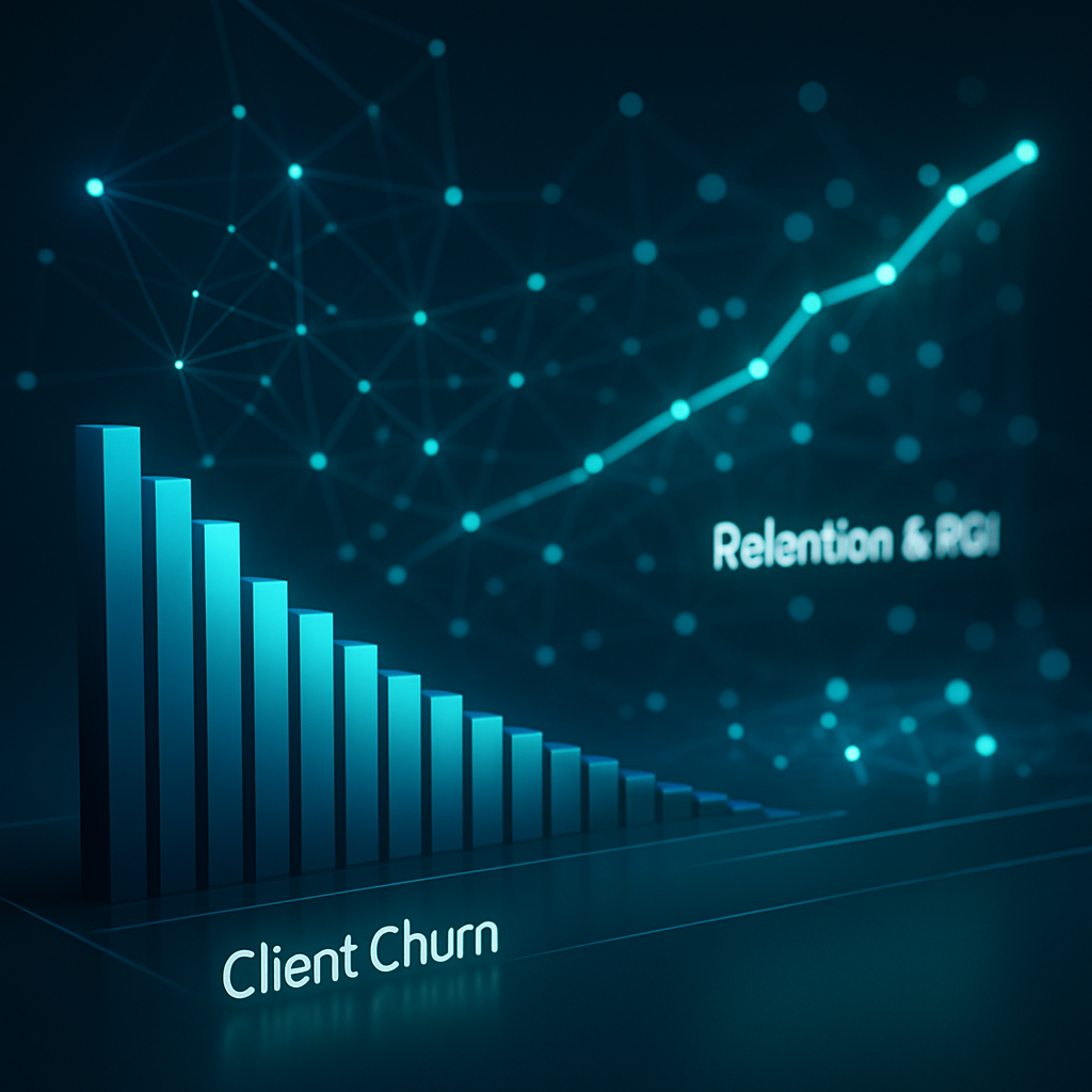 A sleek, abstract 3D data visualization. In the foreground, a prominent bar chart shows a steep decline labeled 'Client Churn'. In the background, another chart shows a steady incline labeled 'Retention & ROI'. Glowing, abstract data points and network lines connect the charts, symbolizing the positive business impact of an optimized system. Style: cinematic, 3D render, professional corporate aesthetic with a blue, green, and white color scheme.. [Description of scene/style/etc.]. No text, writing, words, letters, numbers, or symbols anywhere in the image.
