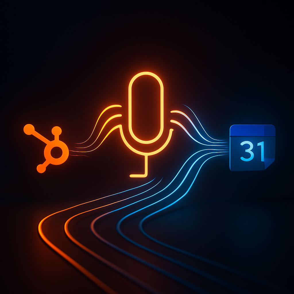 A glowing microphone emits sound waves that connect to HubSpot and Google Calendar logos, symbolizing voice-activated scheduling.