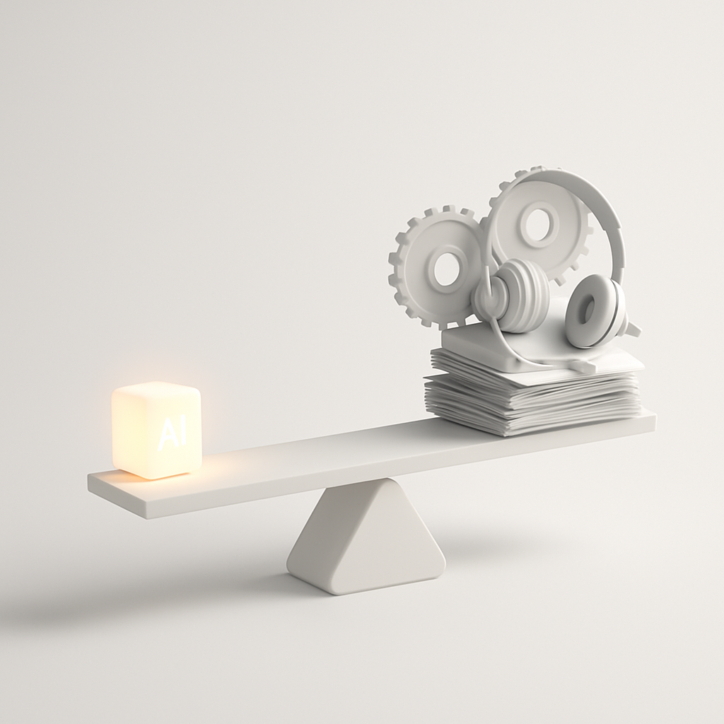 A balancing scale shows a small glowing cube representing AI easily outweighing a large pile of gears and headsets representing a traditional call center, illustrating lower cost.