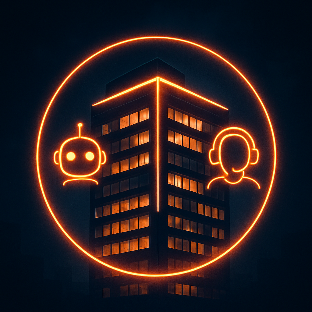 An office building at night protected by a glowing shield with AI bot and human agent icons, representing a 24/7 lead capture system for businesses.