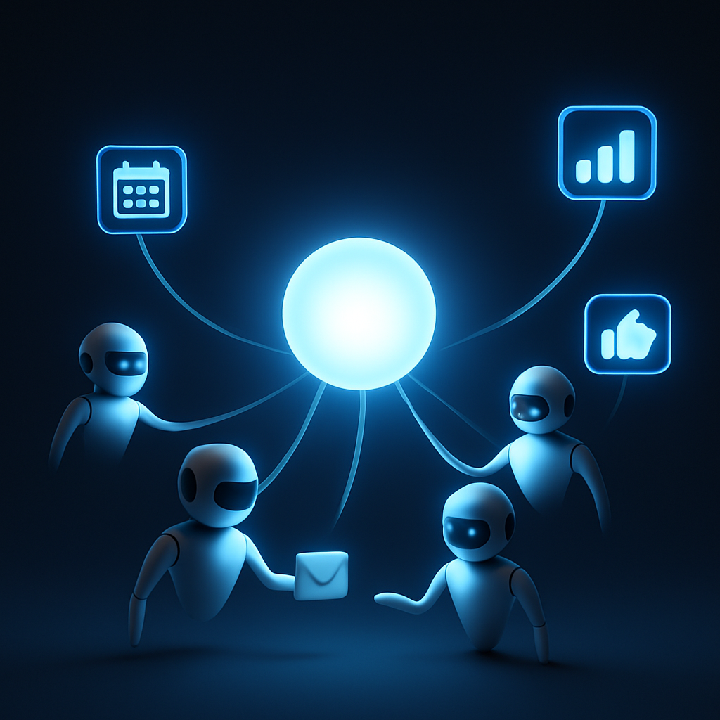 A central glowing orb representing business strategy, with AI agents branching out to interact with different app icons.